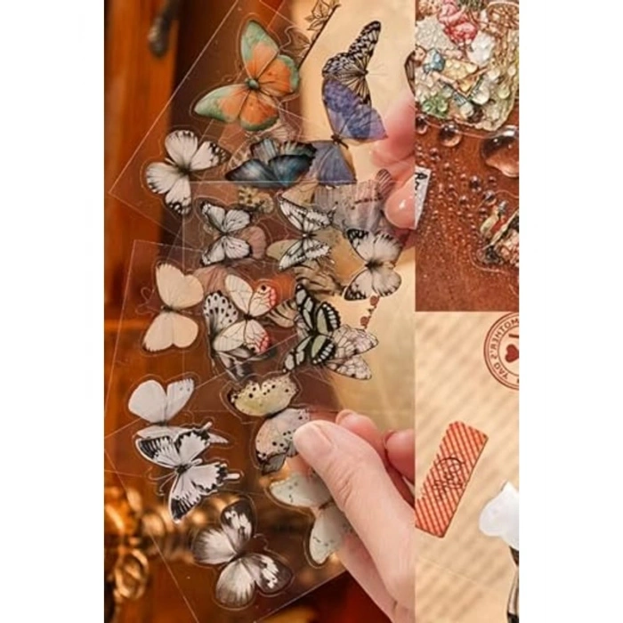 Şeffaf Vintage Kelebek Sticker Seti, Scrapbook için 25 Adet