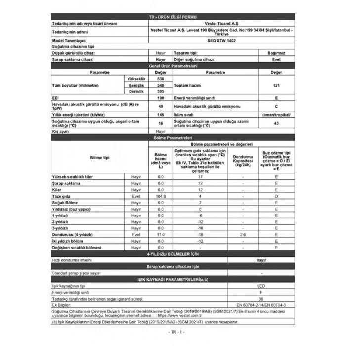 Seg Stw 1402 E Statik Buzdolabı