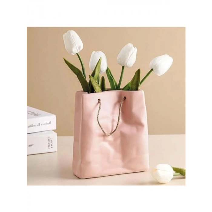 Seramik Çanta Şeklinde Dekoratif Vazo (Pembe)