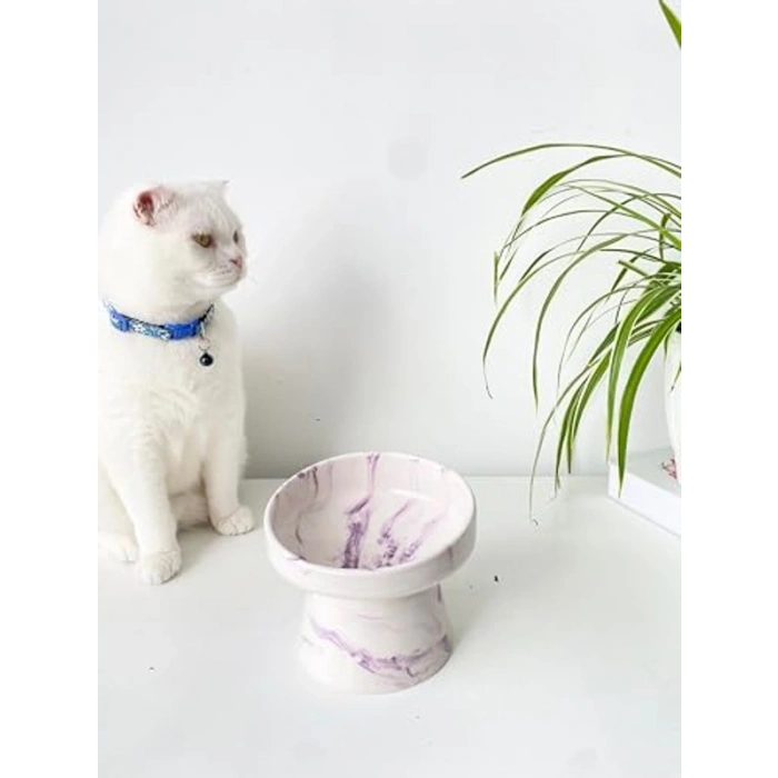 Seramik Kedi ve Köpek Mama Su Kabı - Mor Beyaz Ebru Desen