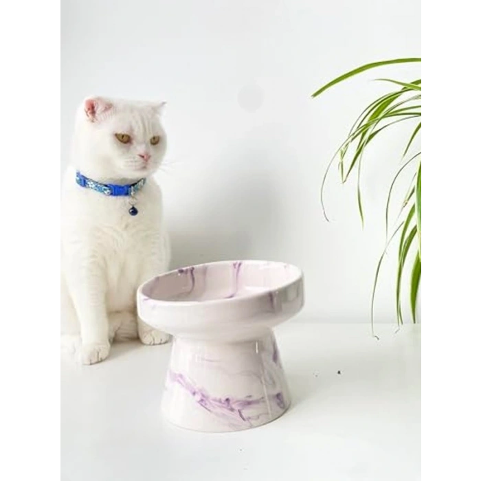 Seramik Kedi ve Köpek Mama Su Kabı - Mor Beyaz Ebru Desen