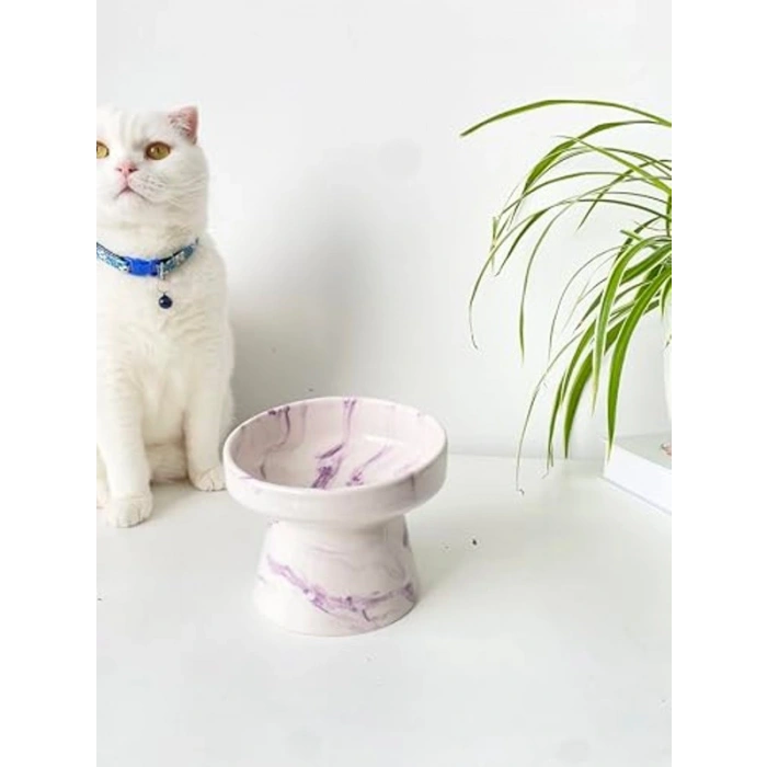 Seramik Kedi ve Köpek Mama Su Kabı - Mor Beyaz Ebru Desen