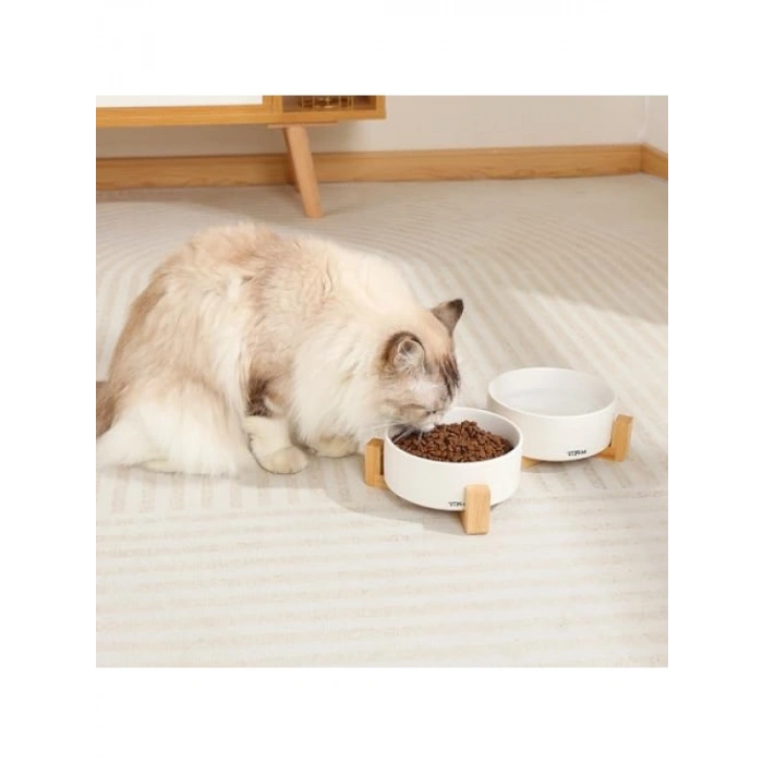 Seramik Mama Kabı ve Bamboo Stand Seti (2x850ml, Beyaz)