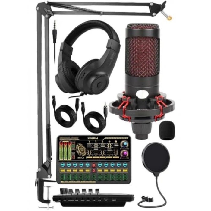 Ses Kartlı Condenser Mikrofon Seti - Kulaklık ve Stand Dahil