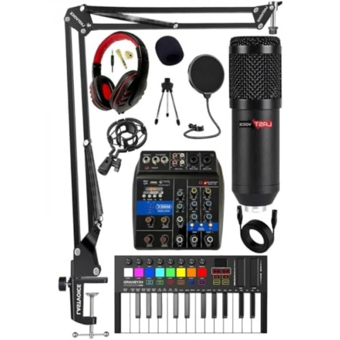 Ses Kartlı Mikser, Midi Klavye ve BM800 Mikrofon ile Stüdyo Ekipmanları Seti