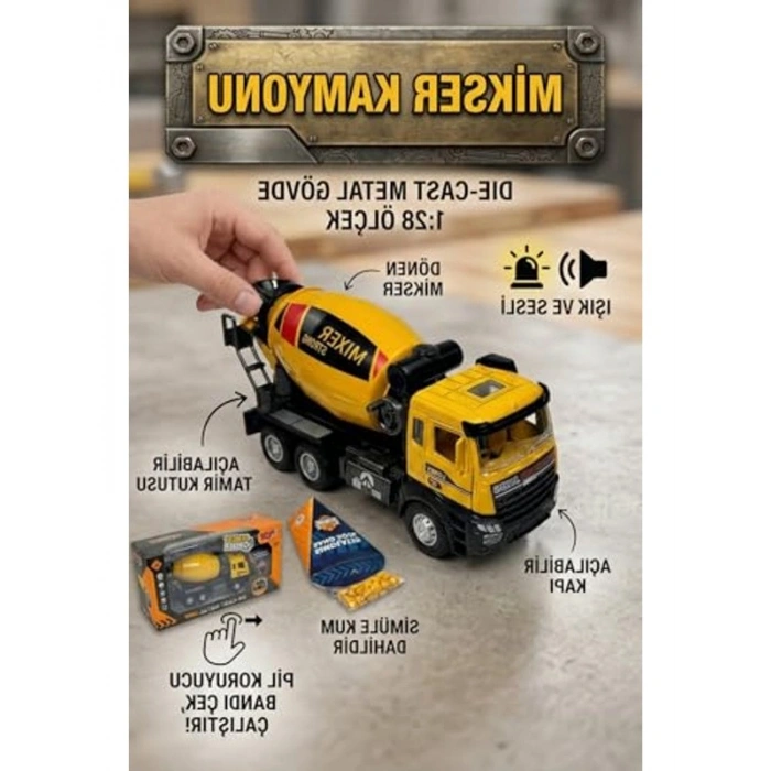 Sesli ve Işıklı 1:28 Ölçekli Metal Mikser Kamyonu, Simüle Kum Hediyeli