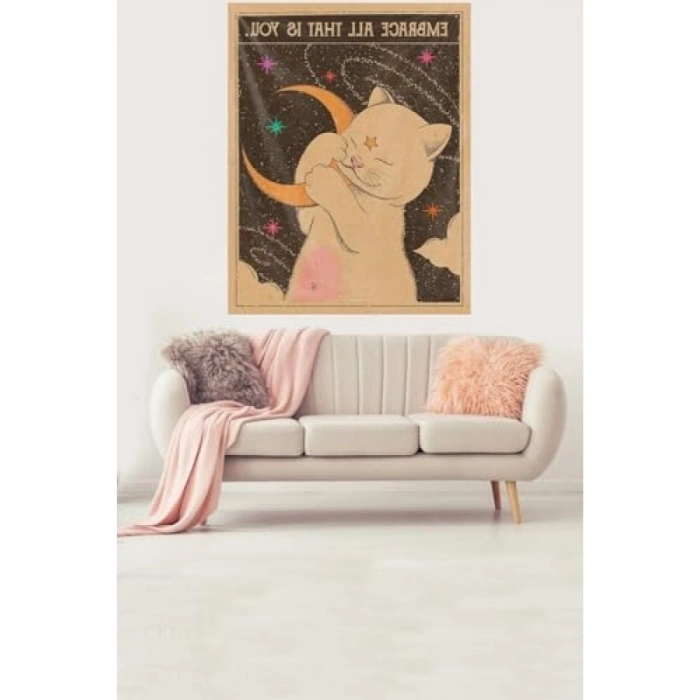 Sevimli Kedi Temalı Kadife Duvar Örtüsü - 70 x 100 cm