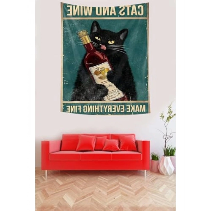 Sevimli Kedili Kumaş Duvar Örtüsü | Leke Tutmaz | 70 x 100 cm