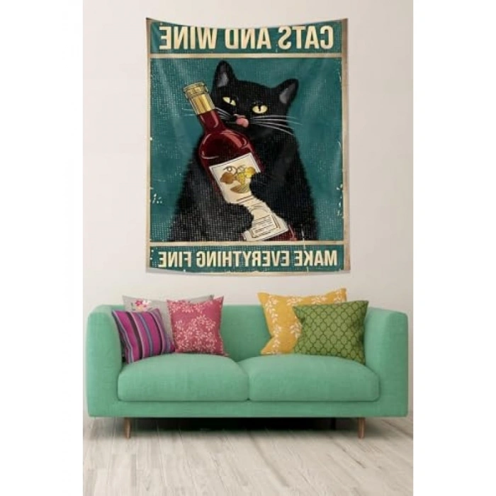 Sevimli Kedili Kumaş Duvar Örtüsü | Leke Tutmaz | 70 x 100 cm