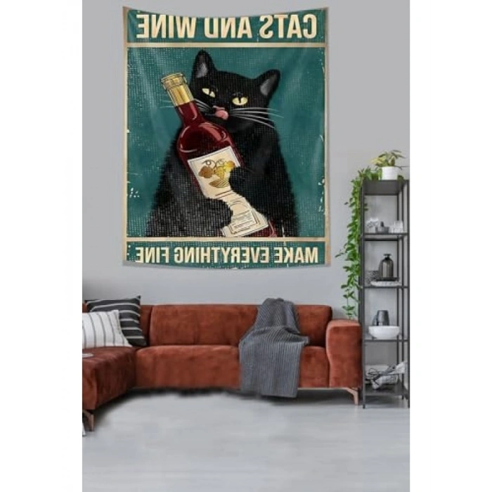 Sevimli Kedili Kumaş Duvar Örtüsü | Leke Tutmaz | 70 x 100 cm