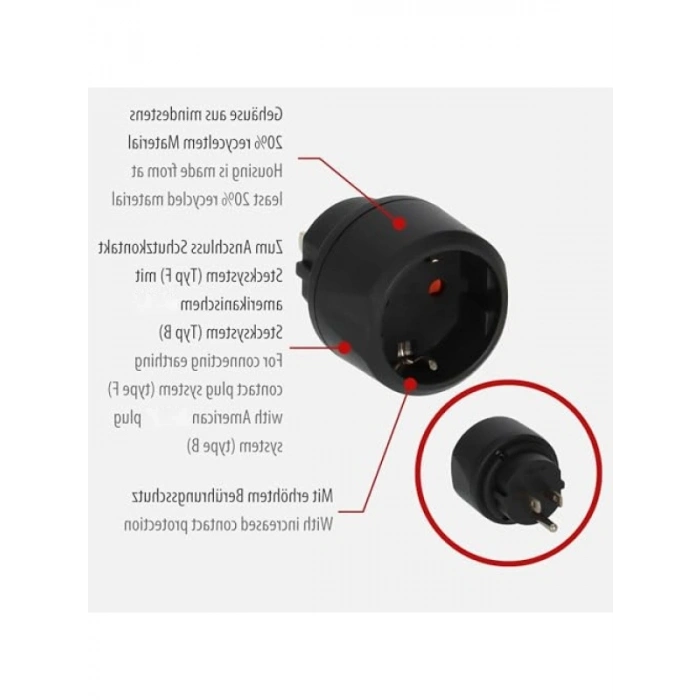 Seyahat İçin Uygun Priz Adaptörü, 15 Amper, Siyah