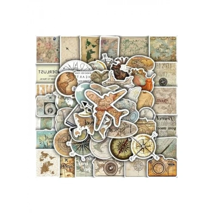 Seyahat Sticker Seti, 50li Vintage Harita Temalı