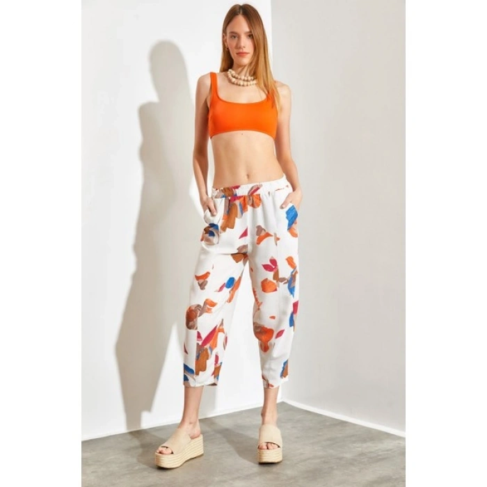 Shade Beli Lastikli Cepli Desenli Keten Pantolon