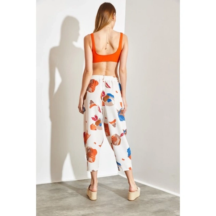 Shade Beli Lastikli Cepli Desenli Keten Pantolon