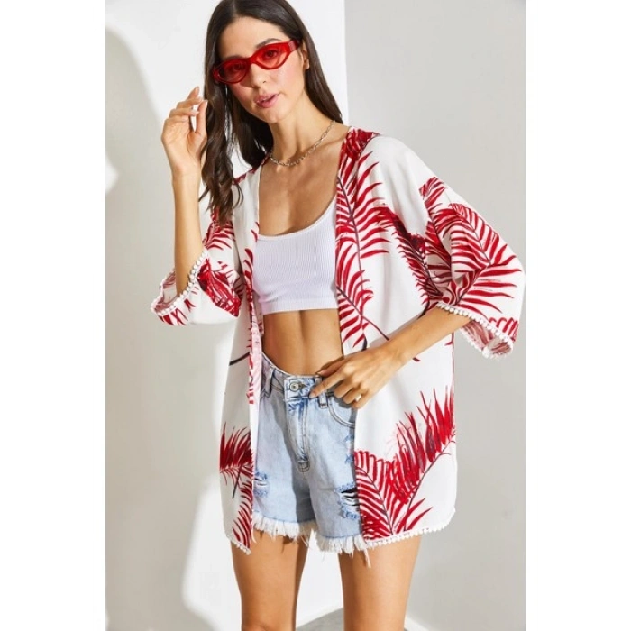 Shade Kadın Kolları Dantel Detaylı Desenli Viskon Kimono