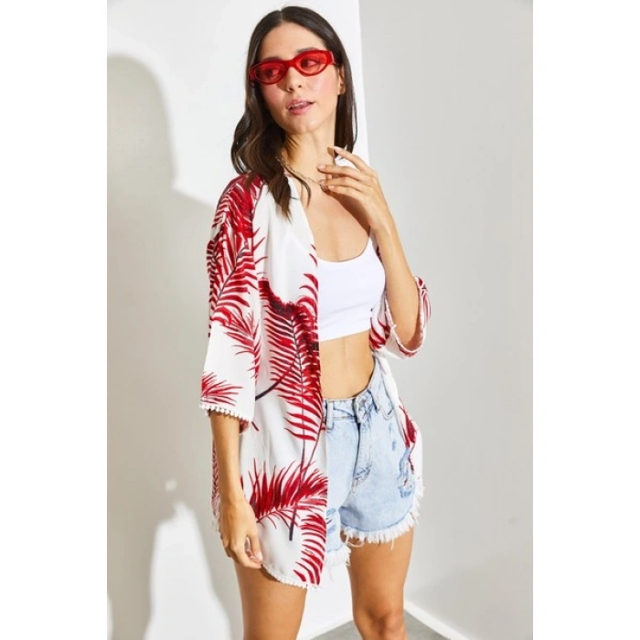Shade Kadın Kolları Dantel Detaylı Desenli Viskon Kimono