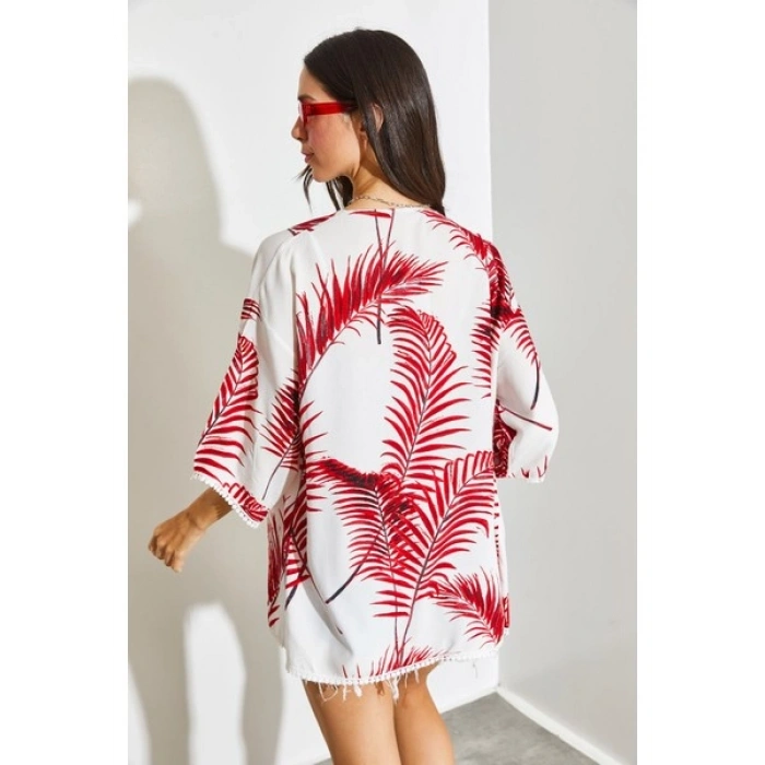 Shade Kadın Kolları Dantel Detaylı Desenli Viskon Kimono