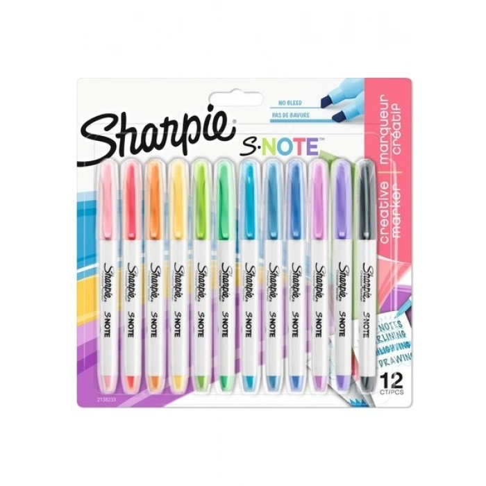 Sharpie S-Note Fosforlu Kalem; Kesik uç; 12li Karışık Renk
