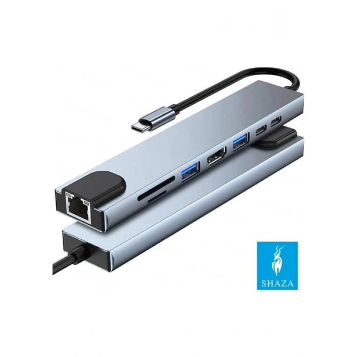 Shaza 8in1 USB Type-C Hub Port Adaptör HDMI USB Ethernet Pd Girişli
