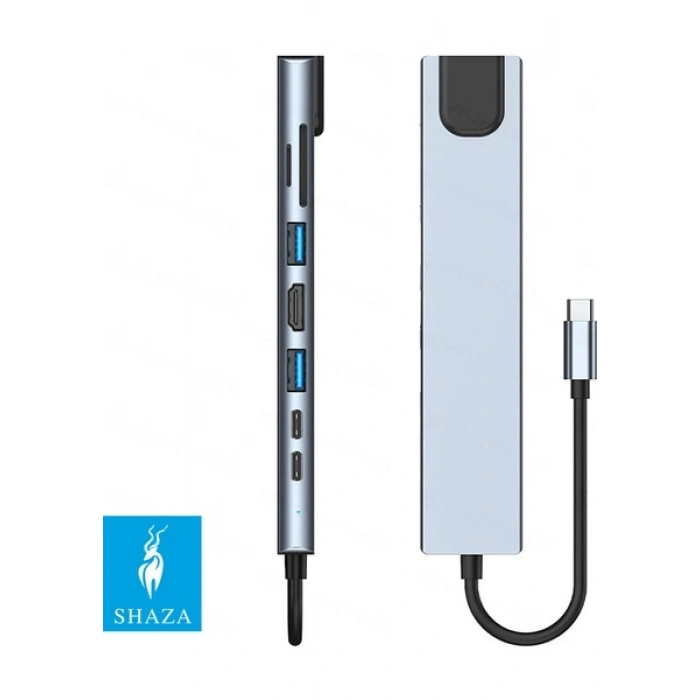 Shaza 8in1 USB Type-C Hub Port Adaptör HDMI USB Ethernet Pd Girişli