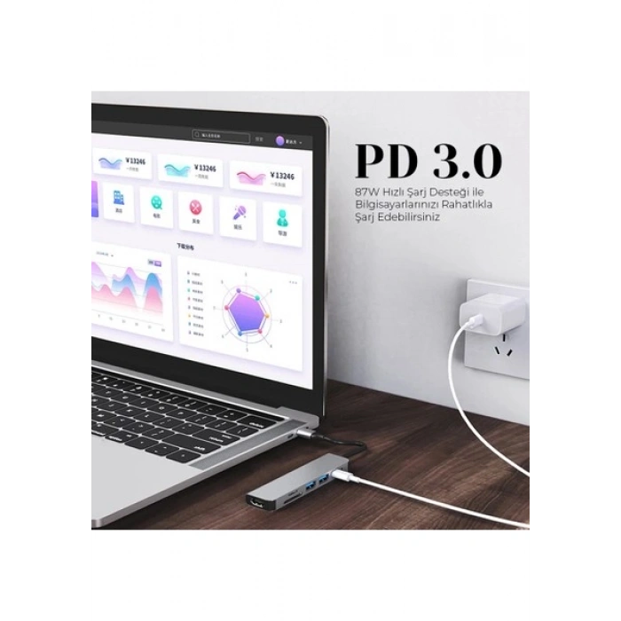 Shaza 8in1 USB Type-C Hub Port Adaptör HDMI USB Ethernet Pd Girişli