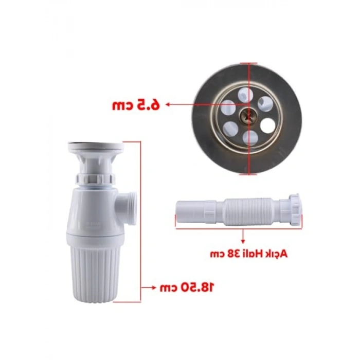 Sifon Körüklü Temizlenebilir Mutfak ve Banyo Lavabo Gider Borusu, 38 cm Plastik