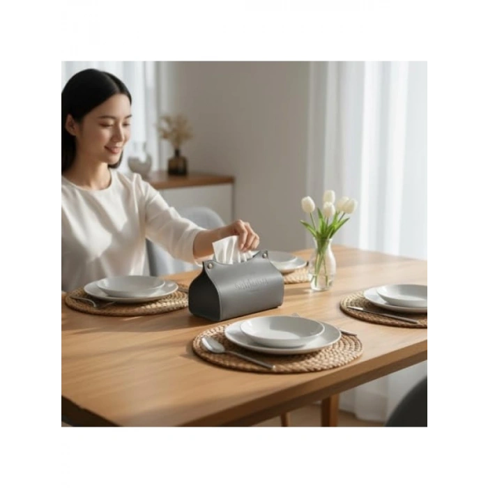 Şık Deri Masa Üstü Peçetelik - Antrasit Gri