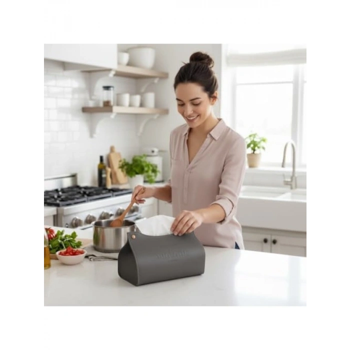 Şık Deri Masa Üstü Peçetelik - Antrasit Gri