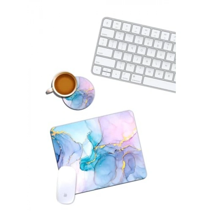 Şık Mermer Desenli Mouse Pad ve Bardak Altlığı Seti