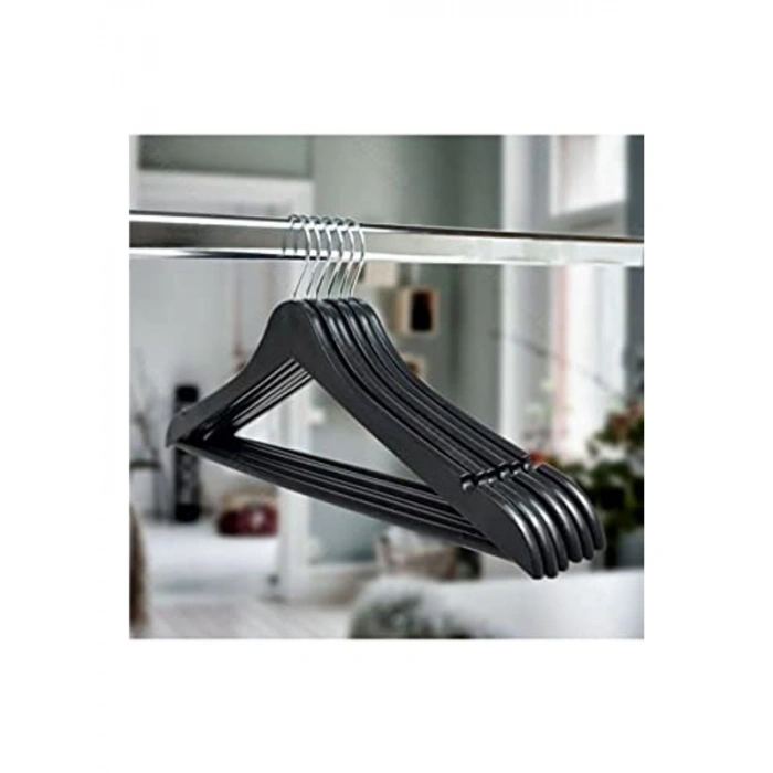 Siyah Ahşap Görünümlü Elbise Askısı, 6 Adet Set