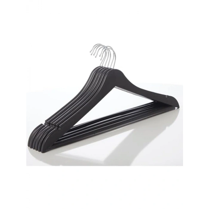 Siyah Ahşap Görünümlü Elbise Askısı, 6 Adet Set