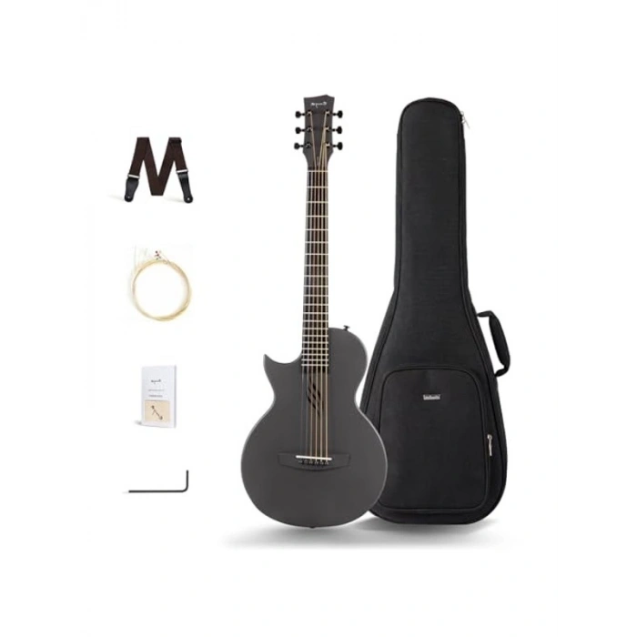 Siyah akustik gitar, şık tasarım ve yüksek ses