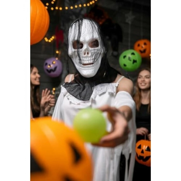 Siyah Beyaz Tüllü İskelet Maske - Halloween Temalı