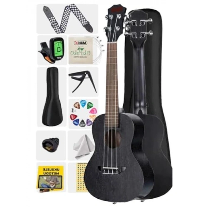 Siyah Concert Ukulele - Tuner, Askı ve Çanta ile