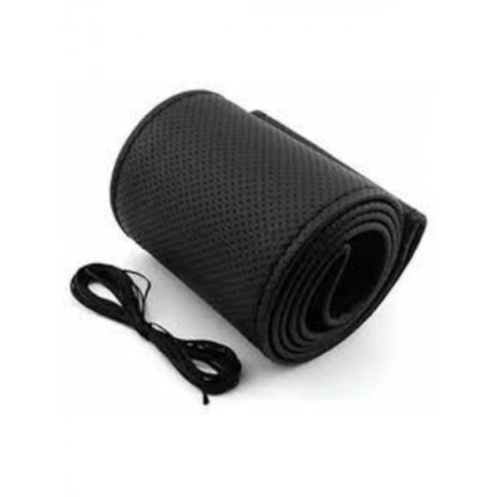 Siyah Deri Direksiyon Kılıfı, Dikişli, Universal Boyut