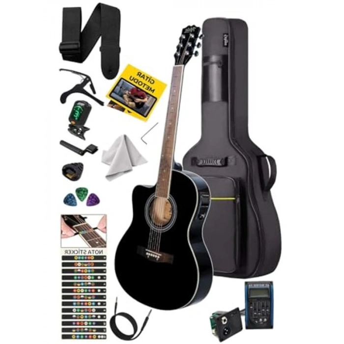 Siyah Elektro Akustik Gitar Seti, Tam Donanımlı