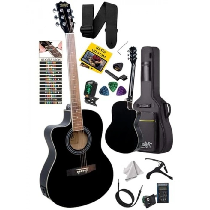 Siyah Elektro Akustik Gitar Seti, Tam Donanımlı