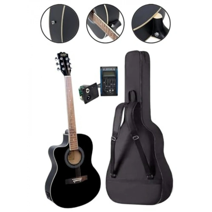 Siyah Elektro Akustik Gitar Seti, Tam Donanımlı