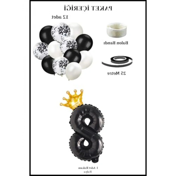 Siyah Folyo Balon Seti - 8 Rakam ve Kral Tacı