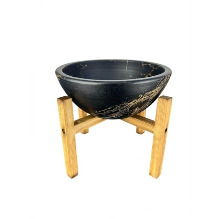 Siyah Gold Mermer Efektli 4 Ayaklı Toprak Saksı - 20 cm Çap