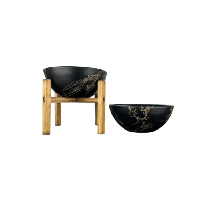 Siyah Gold Mermer Efektli Toprak Saksı İkili Set - 20 cm Çap