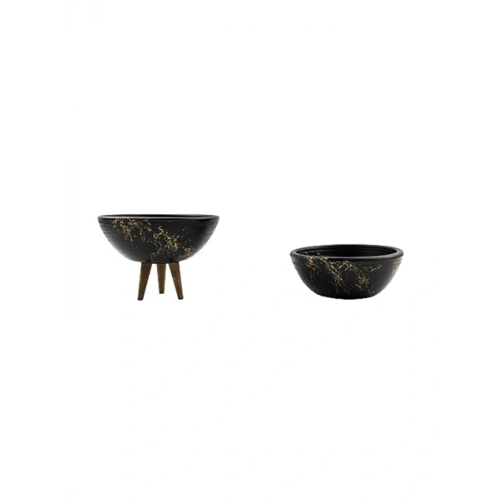 Siyah Granit Efektli 3 Ayaklı Toprak Saksı İkili Set - 20 cm Çap