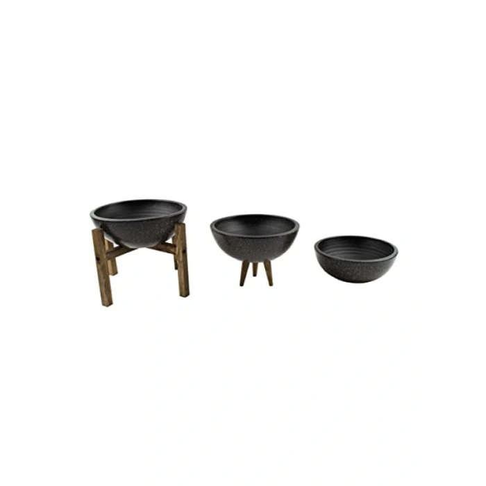 Siyah Granit Efektli Toprak Saksı Üçlü Set - 20 cm Çap