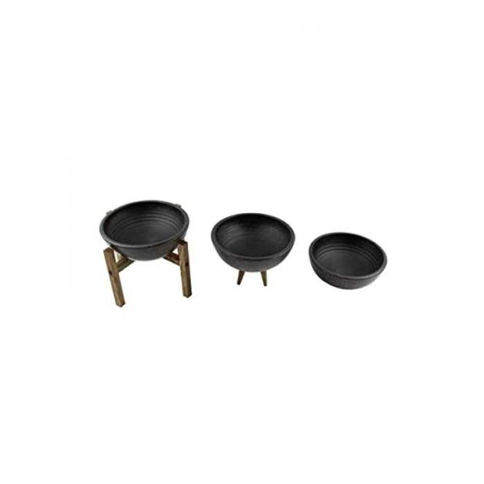 Siyah Granit Efektli Toprak Saksı Üçlü Set - 20 cm Çap
