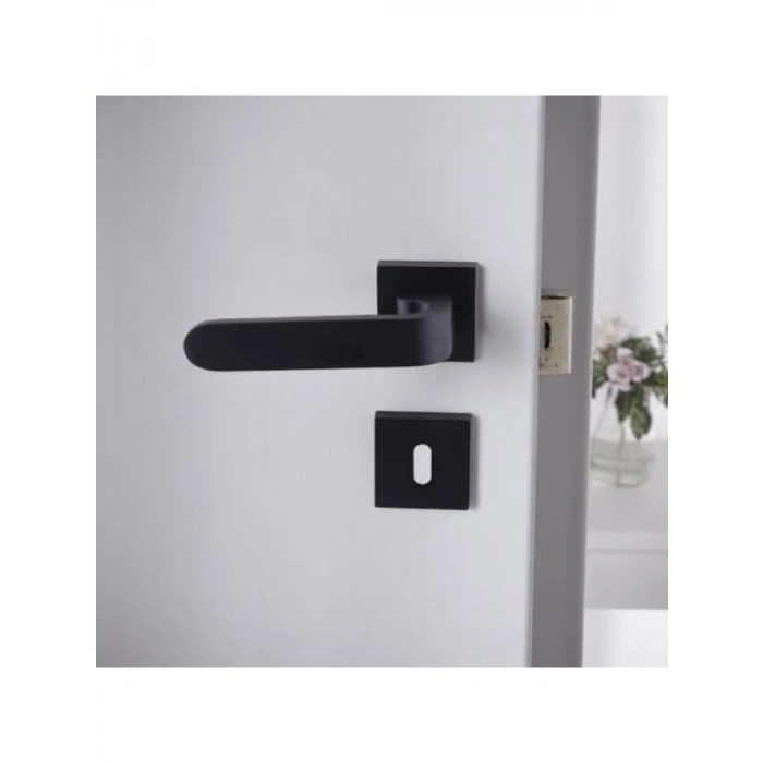 Siyah Kare Rozetli İç Dış Kapı Kolu - Sağa Sola Uygun, Kilitlenebilir