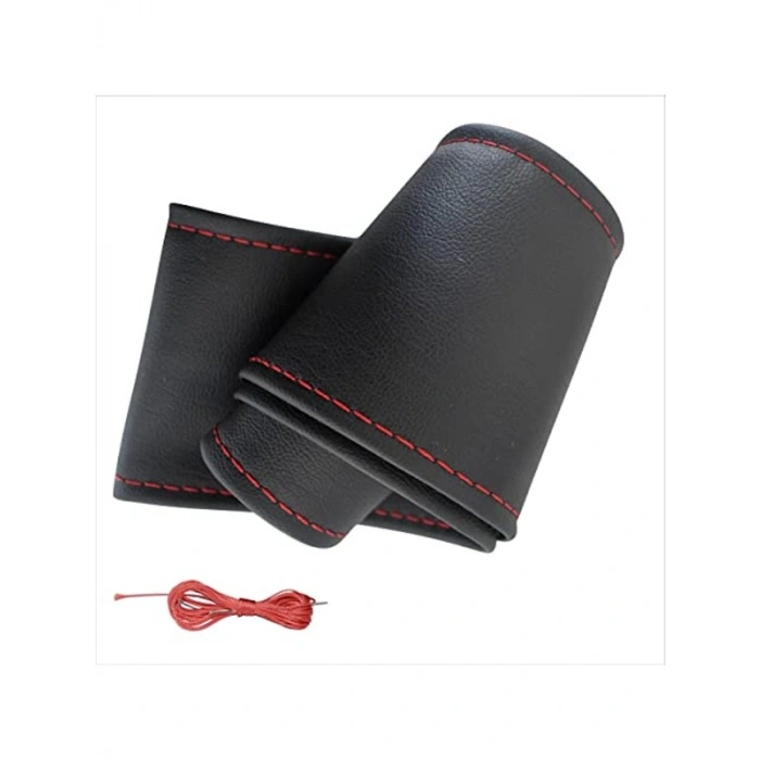 Siyah Kırmızı Dikişli Deri Direksiyon Kılıfı, Düz Tasarım