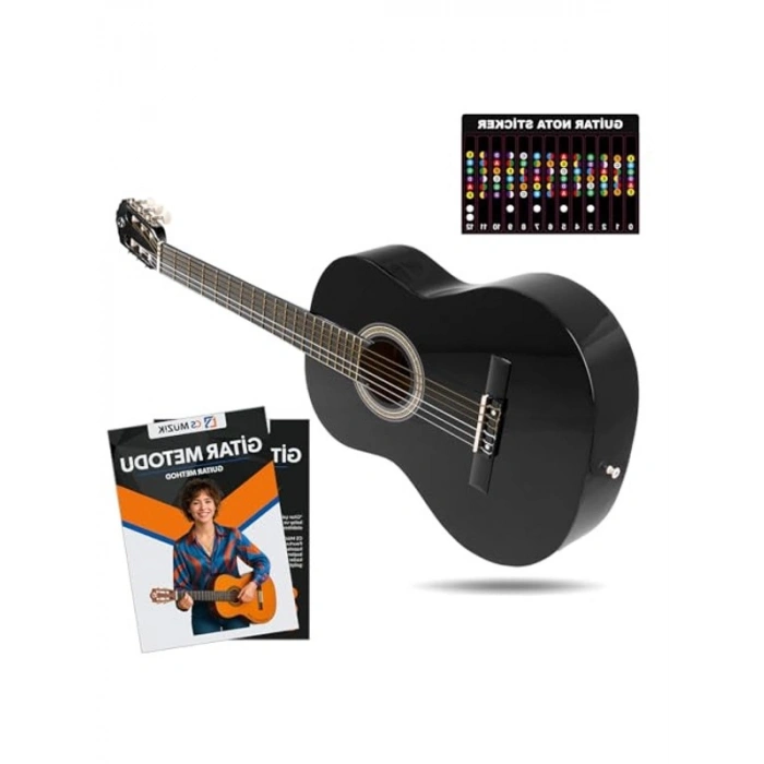 Siyah Klasik Gitar Seti, 4/4 Boyut ve Sap Ayarı ile Kullanım Kolaylığı