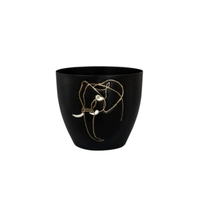 Siyah Metal Saksı Fil Desenli 13 cm Çapında