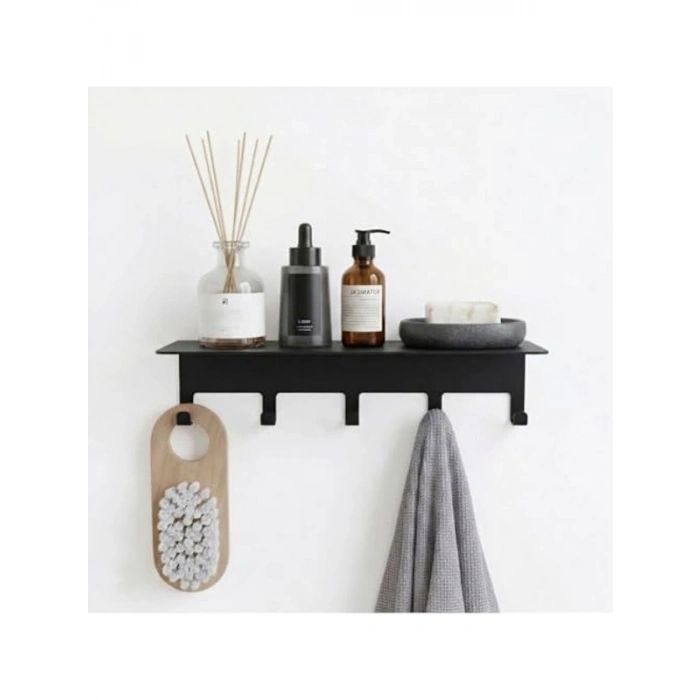 Siyah Paslanmaz Metal Yapışkanlı Banyo Organizer, 5 Kancalı
