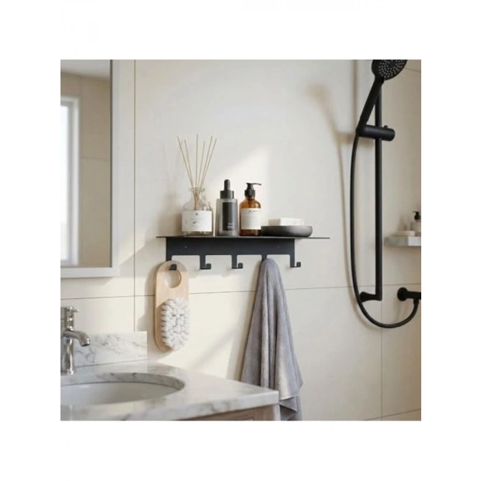 Siyah Paslanmaz Metal Yapışkanlı Banyo Organizer, 5 Kancalı